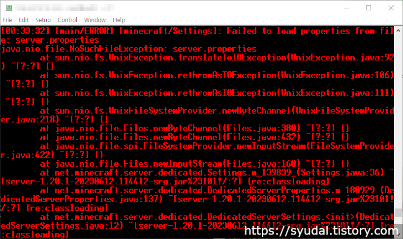server.properties가 없어서 오류 메시지가 출력되며 정지된 화면