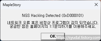 메이플스토리 NGS Hacking Detected (0xD0000101) 출력 화면